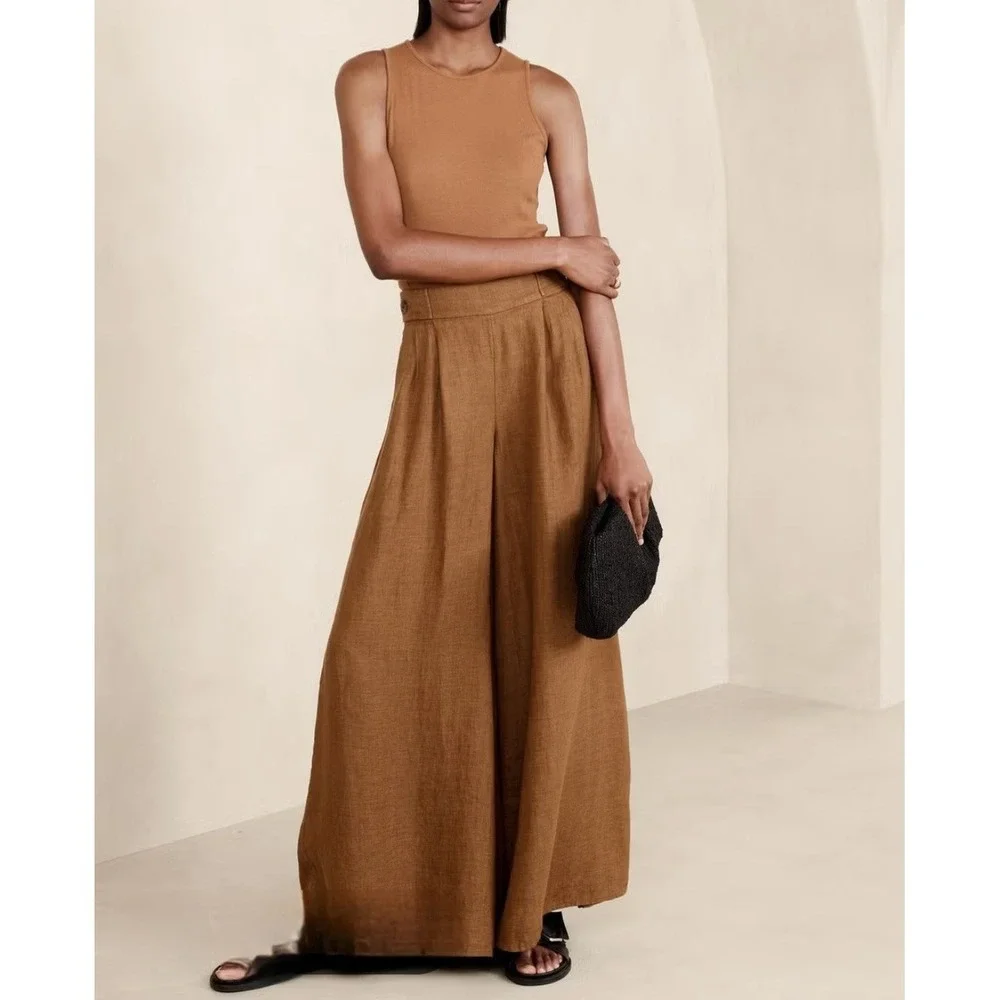 Banana Republic Lina Wide Leg Linen Pants Brown Pleated High Rise NWT 8